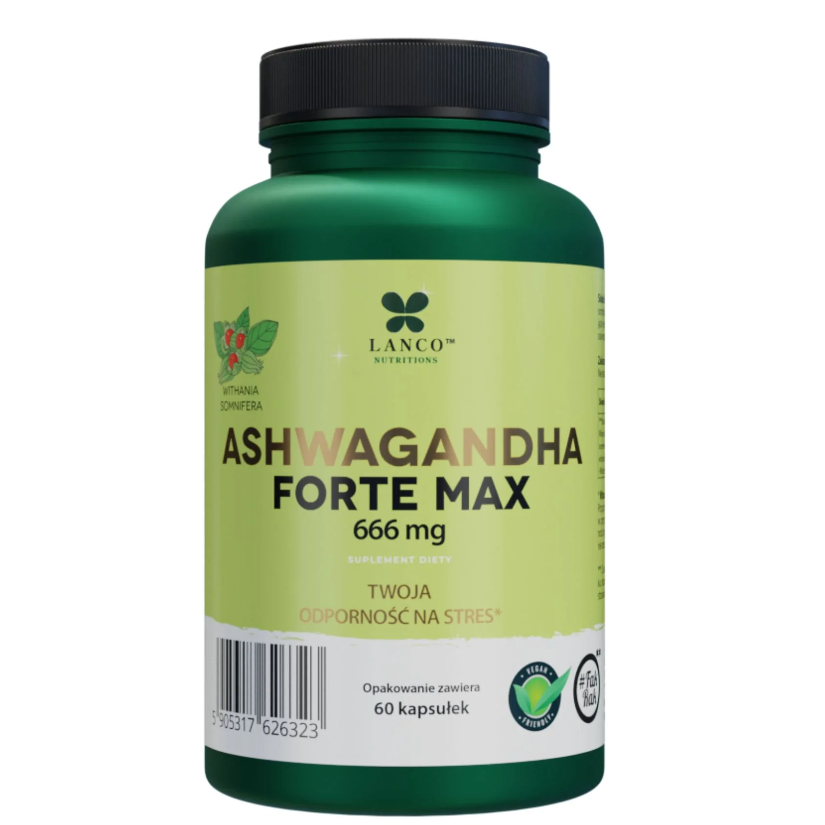 Lanco Nutrition Ashwagandha Forte Max 666 mg, Twoja odporność na stres, 60 kapsułek