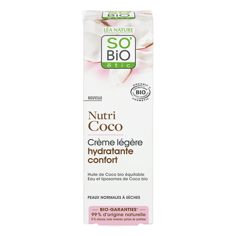 SO’BiO étic Nutri Coco, lekki kojący krem do twarzy do skóry suchej i normalnej, 50 ml