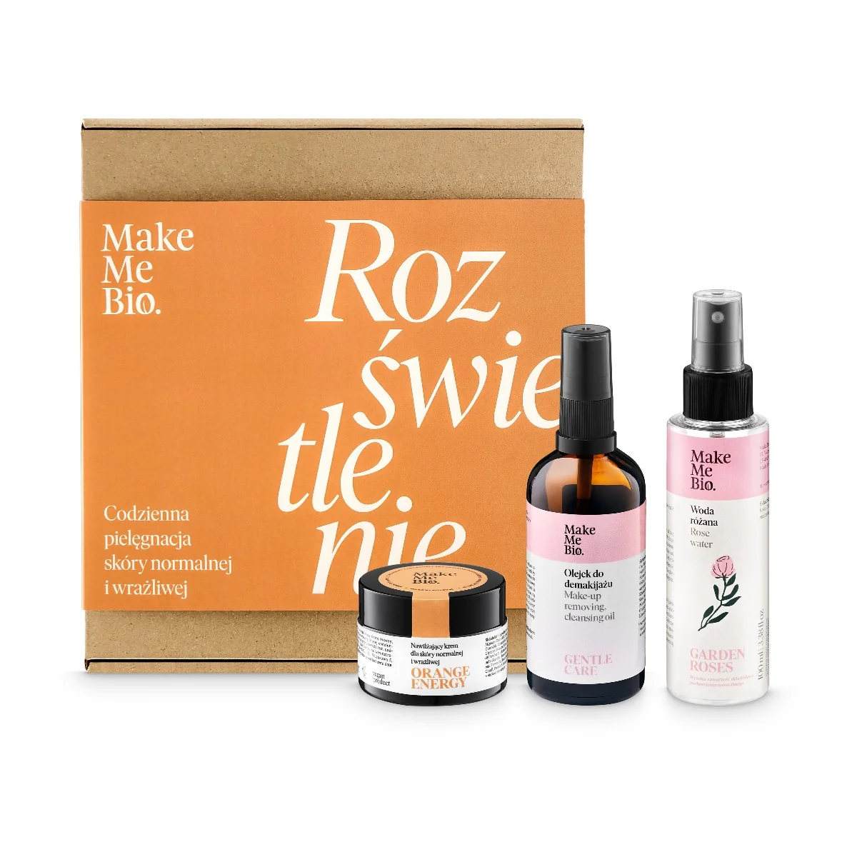 Zestaw Rozświetlający Make Me Bio, olejek do demakijażu Gentle Care + woda różana + krem Orange Energy, 100 ml + 100 ml + 30 ml