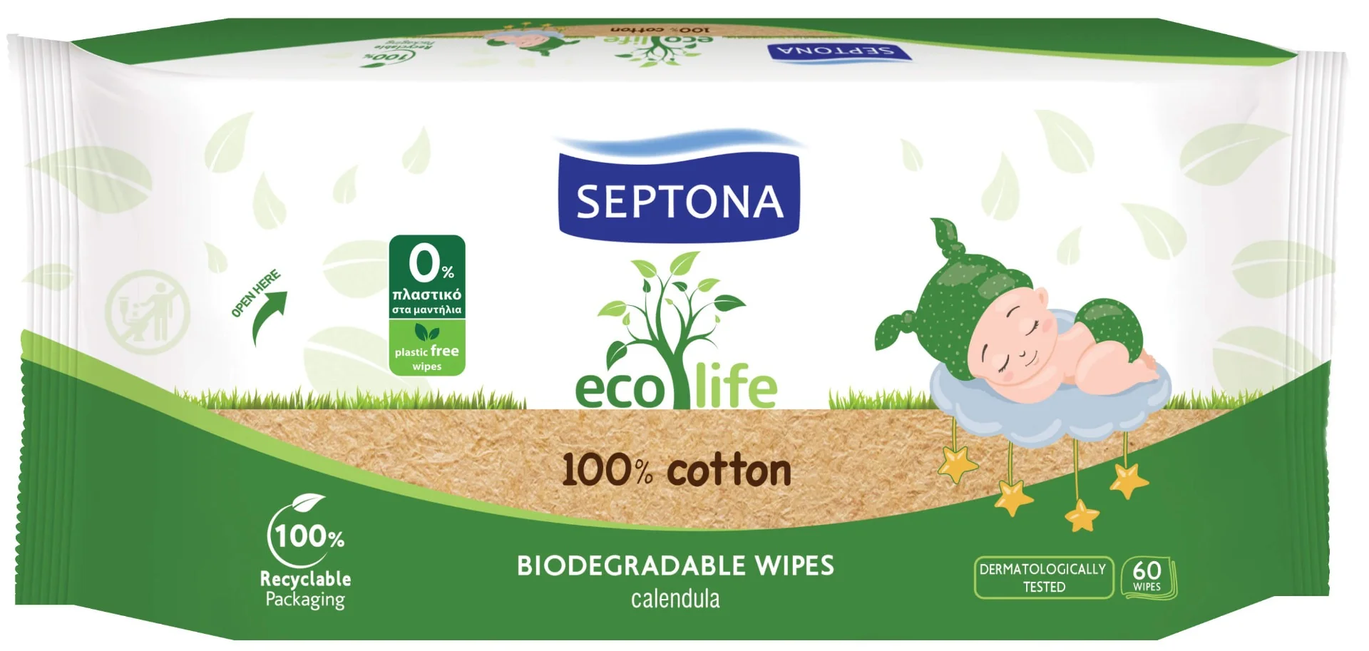 Septona EcoLife, chusteczki biodegradowalne dla dzieci, 60 sztuk