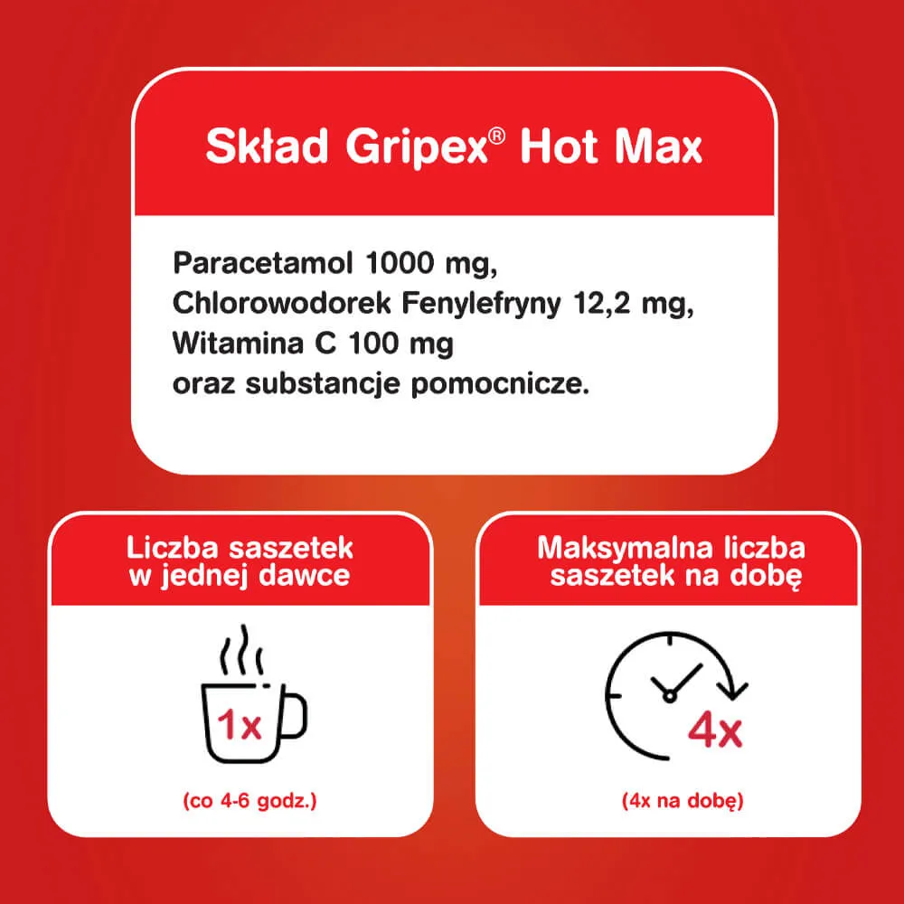 Gripex Hot Max, 1000 mg + 100 mg + 12,2 mg, proszek do sporządzania roztworu doustnego, 12 saszetek 