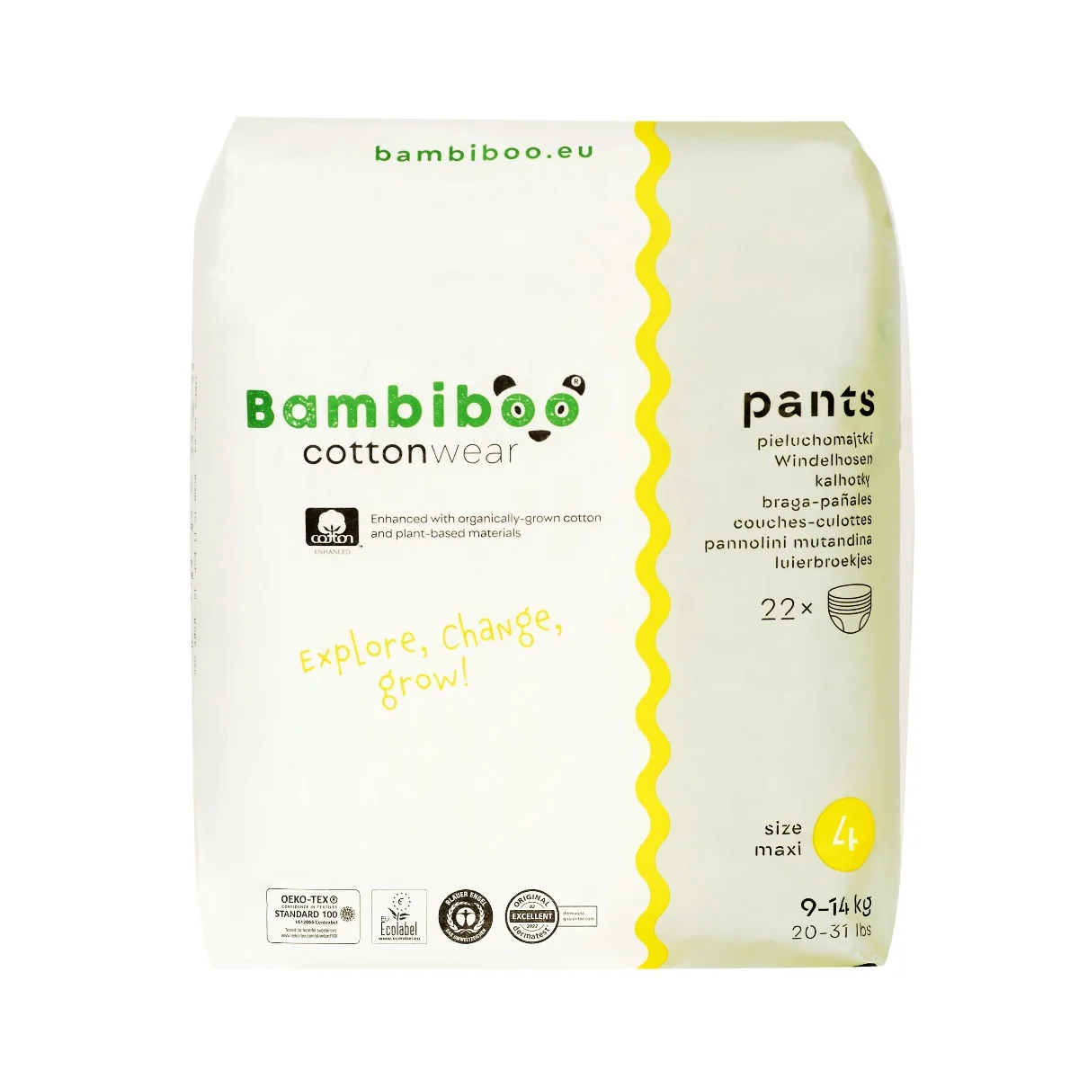 Bambiboo COTTONWEAR, jednorazowe pieluchomajtki z bawełną organiczną rozmiar 4, 22 szt.