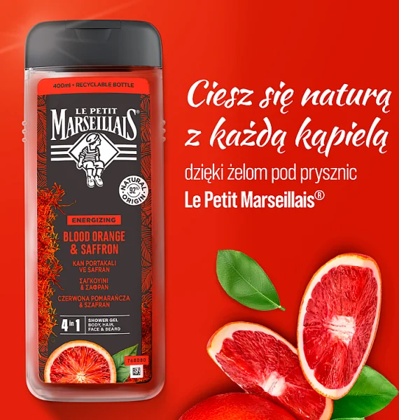 Le Petit Marseillais żel pod prysznic dla mężczyzn czerwona pomarańcza & szafran, 400 ml