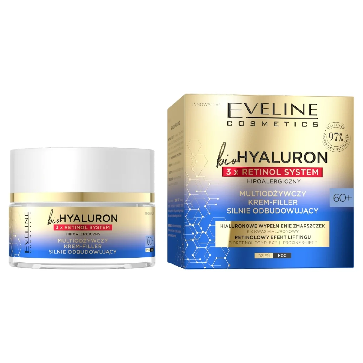 Eveline Cosmetics BioHyaluron 3 x Retinol System, multiodżywczy krem-filler silnie odbudowujący 60+, 50 ml