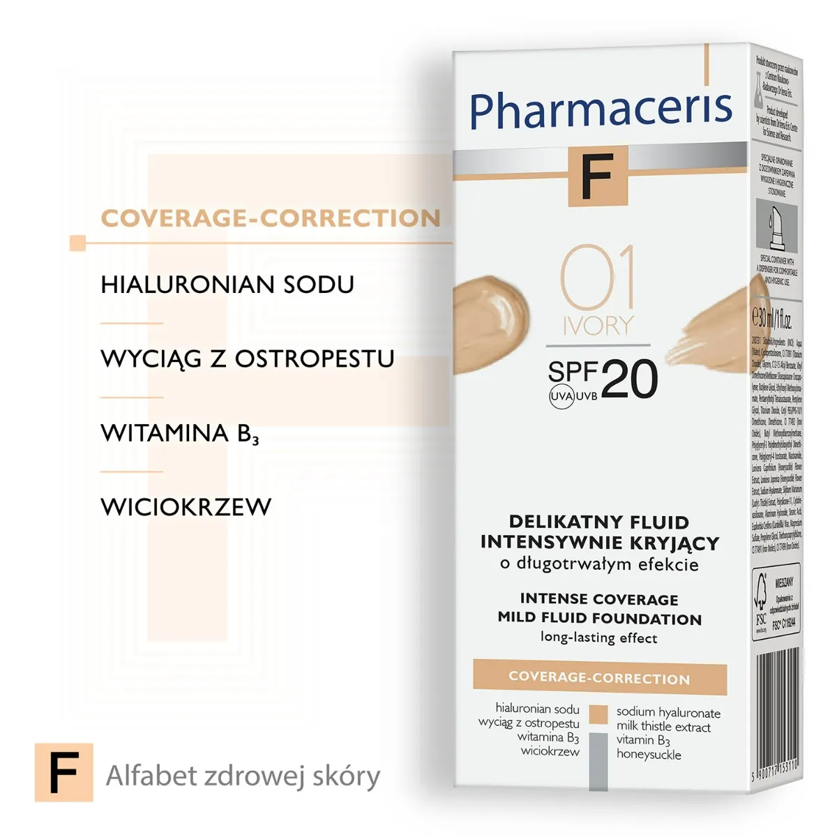 Pharmaceris F, Delikatny fluid intensywnie kryjący 01 Ivory / SPF 20 / 30 ml 