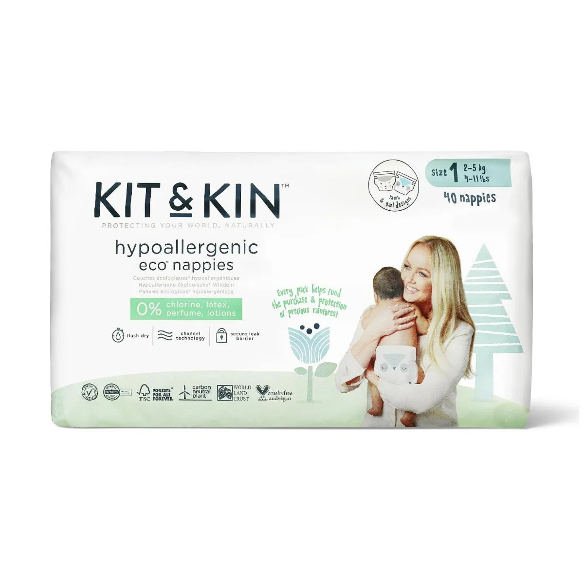 Kit & Kin, biodegradowalne pieluszki jednorazowe 1 Mini (2-5 kg), 38 szt.