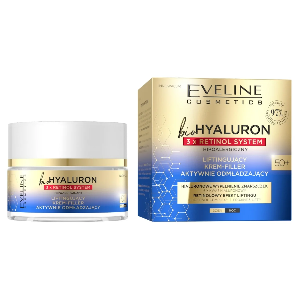 Eveline Cosmetics BioHyaluron 3 x Retinol System, liftingujący krem-filler aktywnie odmładzający 50+, 50 ml