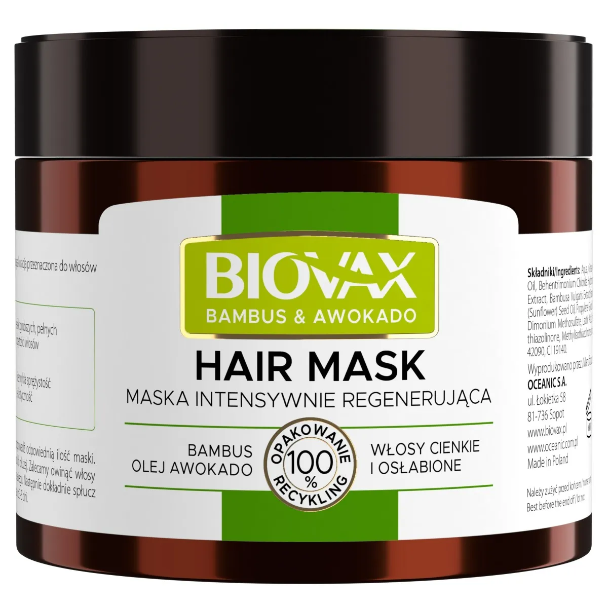 L'biotica Biovax Bambus & Olej Avocado, intensywnie regenerująca maseczka do włosów, 250 ml