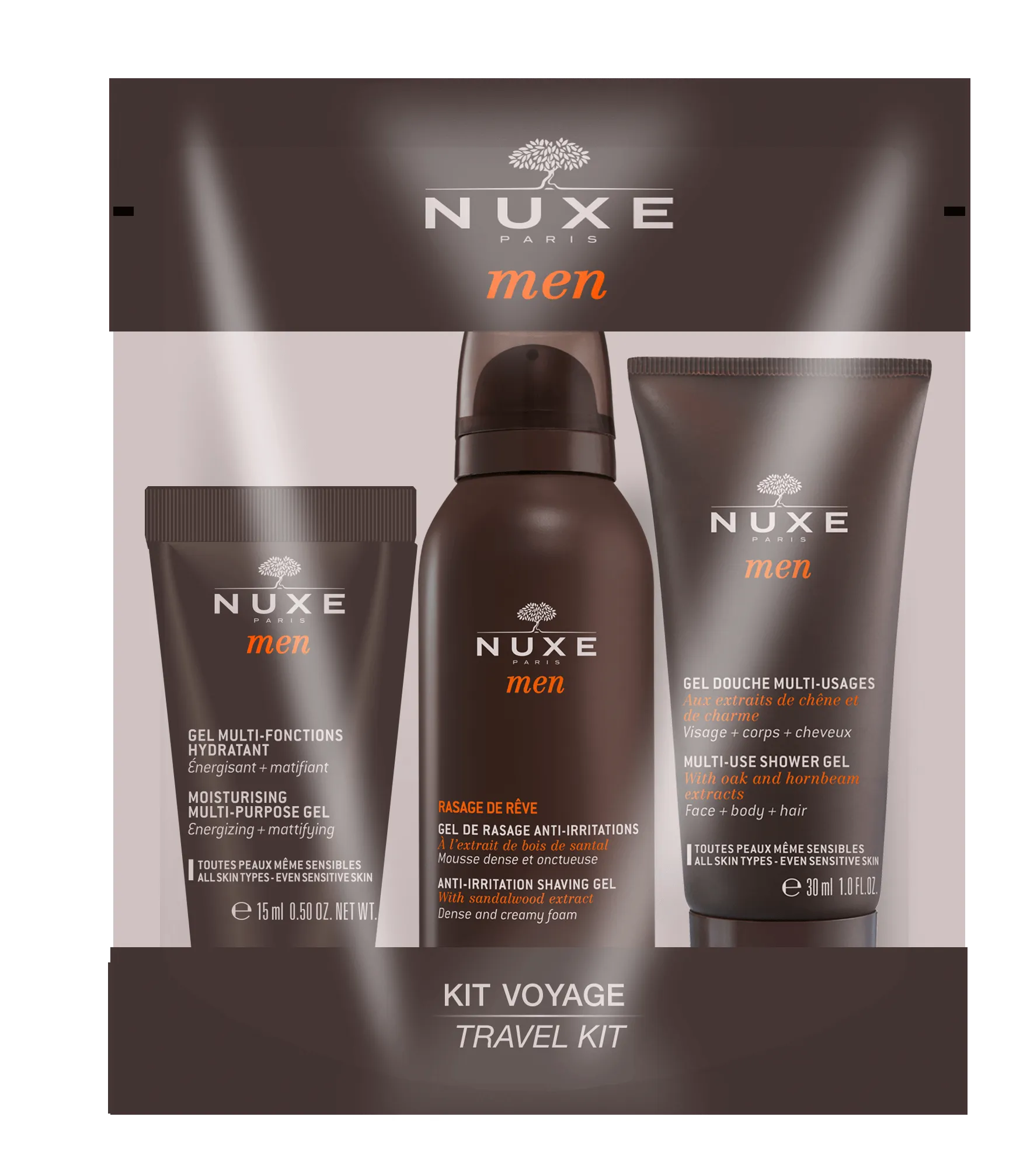 Nuxe Men, żel pod prysznic 30 ml + żel do golenia 35 ml + żel do twarzy 15 ml