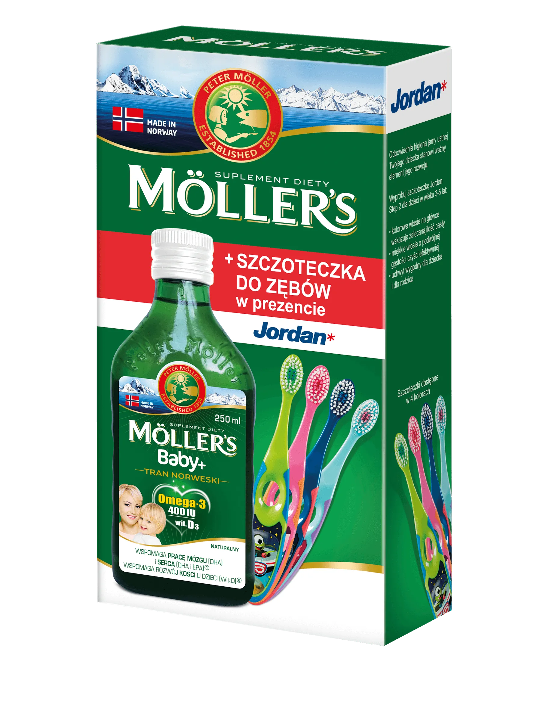 Moller's Baby+ Tran Norweski, suplement diety, smak neutralny, 250 ml + Jordan, szczoteczka do zębów Step 3-5 gratis