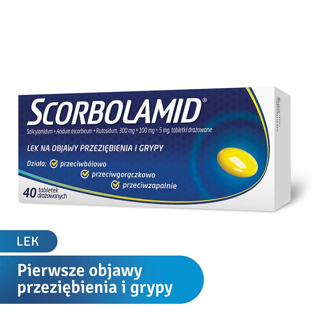 Scorbolamid 300 mg + 100 mg  + 5 mg, 40 tabletek stosowanych przy przeziębieniu lub grypie