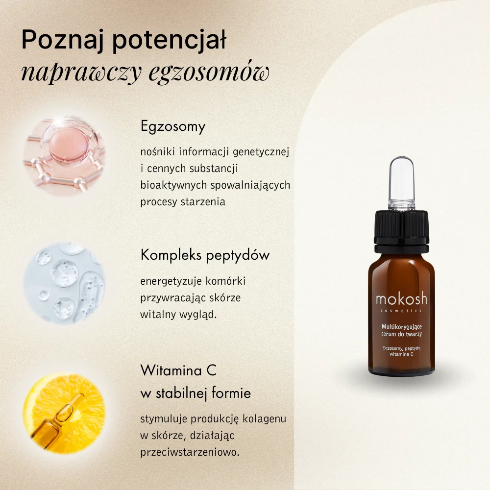 Mokosh, Multikorygujące serum do twarzy Egzosomy, peptydy, witamina C, 12 ml 