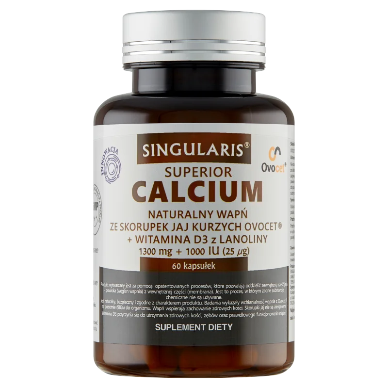 Singularis Calcium naturalny wapń ze skorupek jaj kurzych + witamina D3 z lanoliny, suplement diety, 60 kapsułek