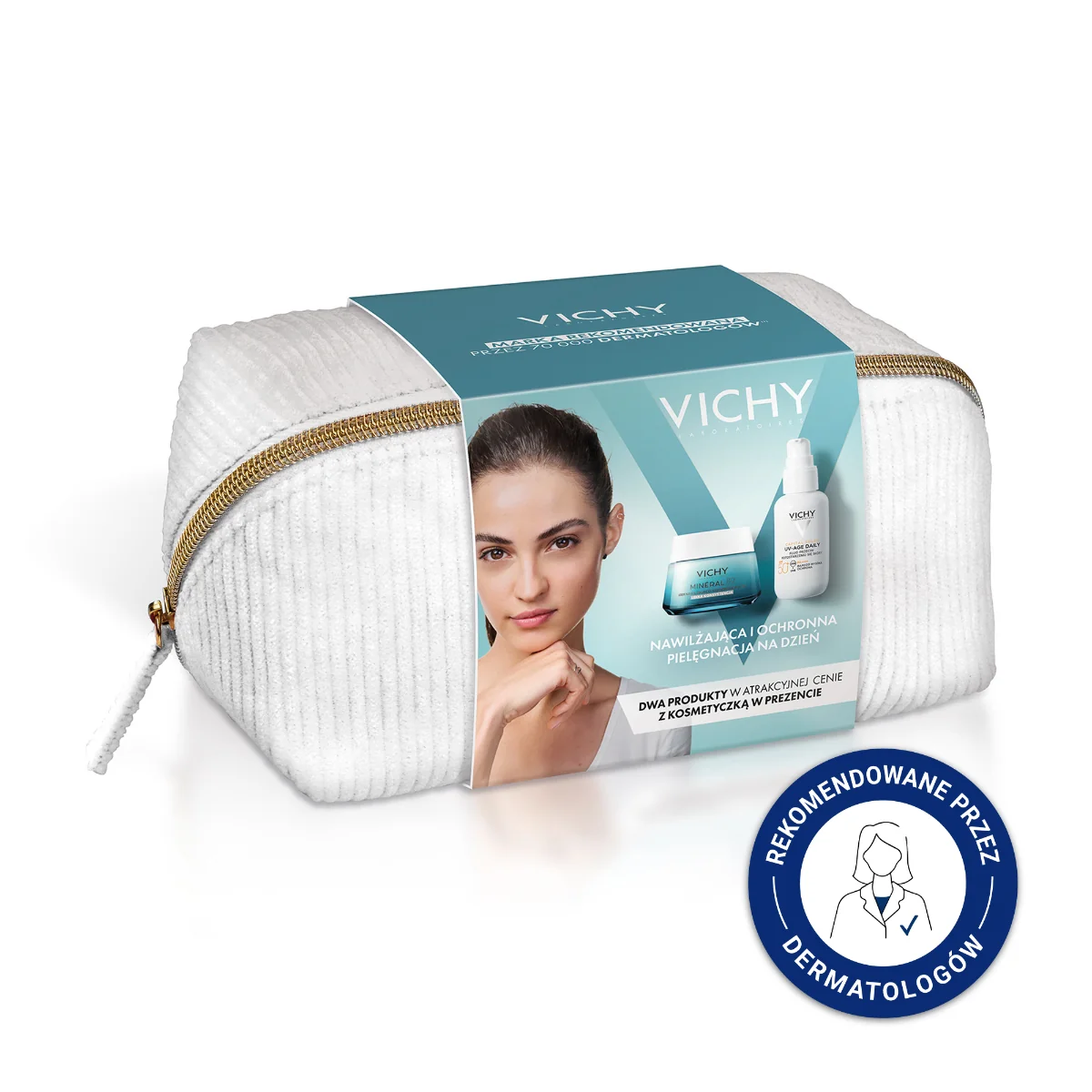 Vichy Mineral 89, Zestaw Lekki krem nawilżająco - odbudowujący 72h, 50ml + Fluid przeciw fotostarzeniu się skóry SPF50 +, 40ml + kosmetyczka