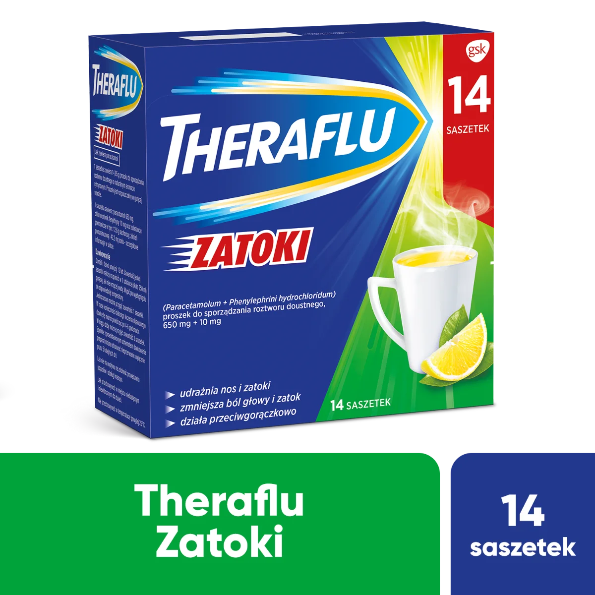 Theraflu Zatoki, 650 mg + 10 mg, 14 saszetek