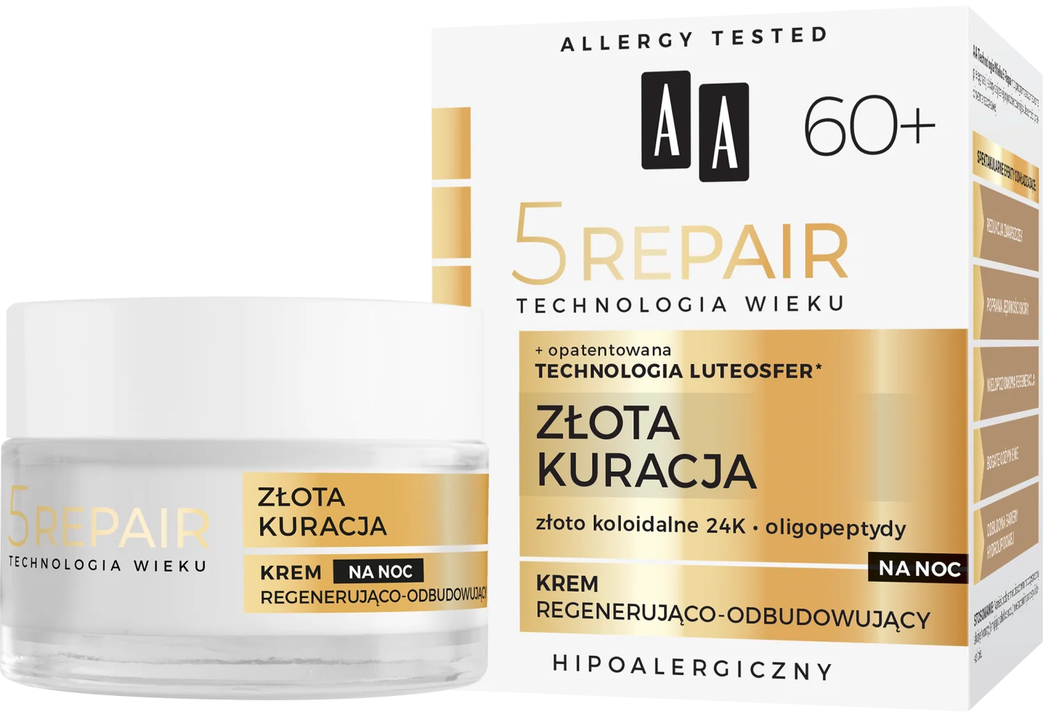 AA 5Repair Złota Kuracja regenerująco-odbudowujący krem na noc 60+, 50 ml