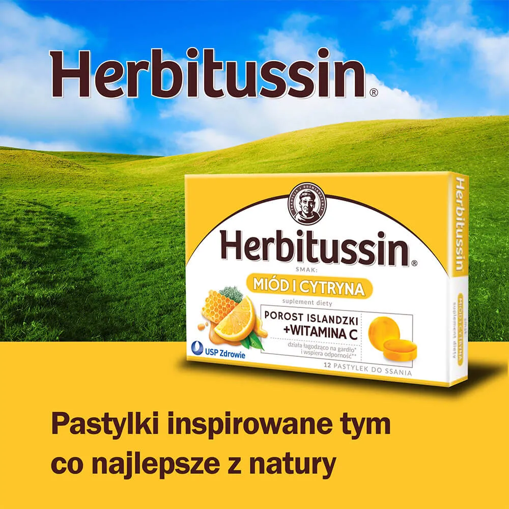 Herbitussin Miód i Cytryna, suplement diety, 12 pastylek do ssania 