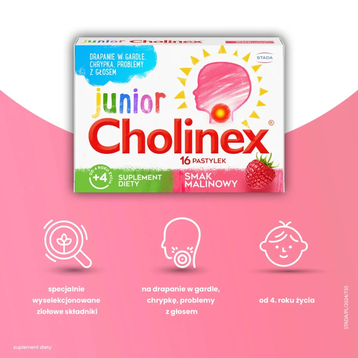 Cholinex Junior suplement diety od 4 roku życia, 16 pastylek do ssania, smak malinowy