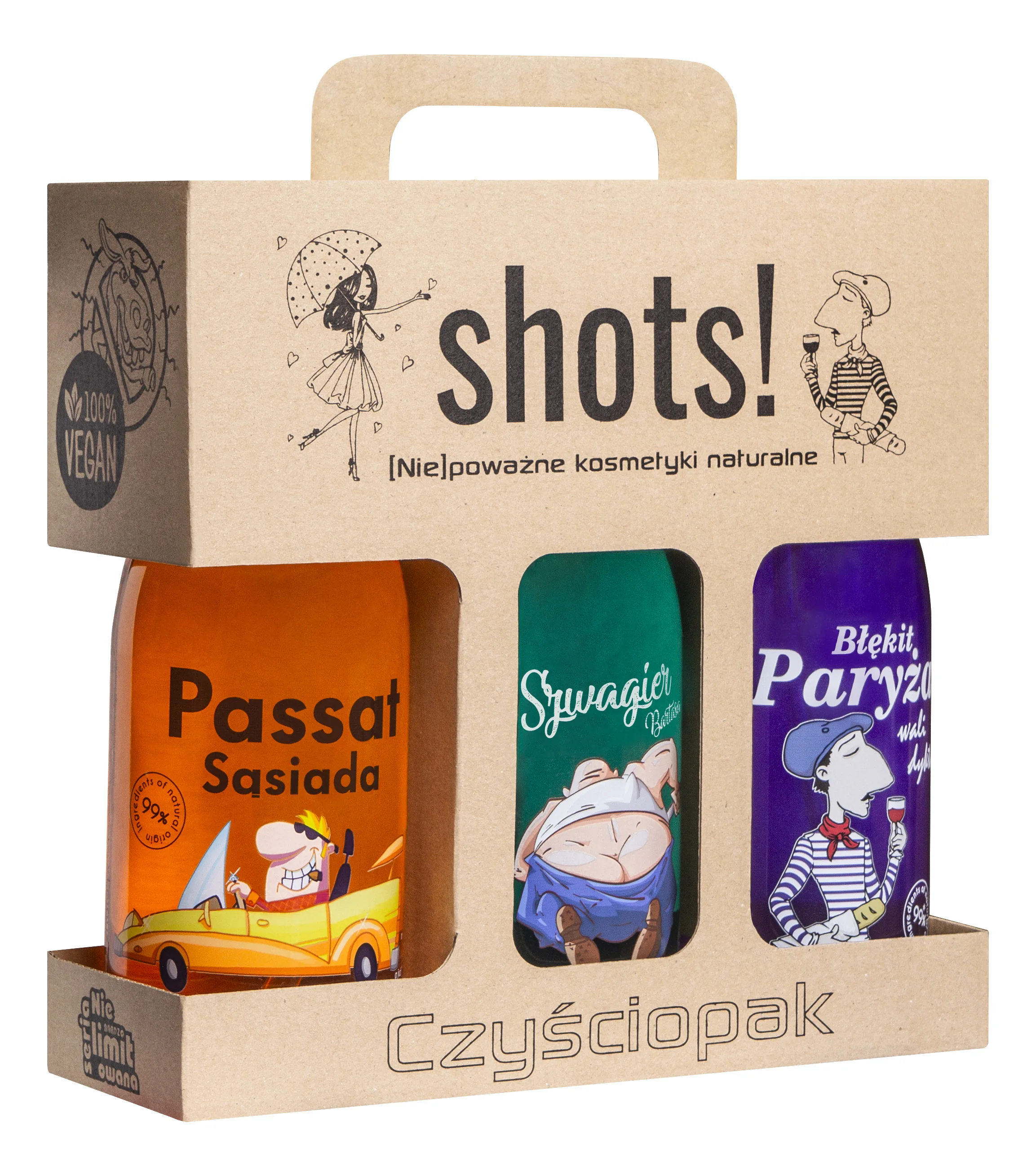 LaQ Shots! Czyściopak Męski żele pod prysznic Passat Sąsiada, Szwagier, Błękit Paryża, 3 x 500 ml