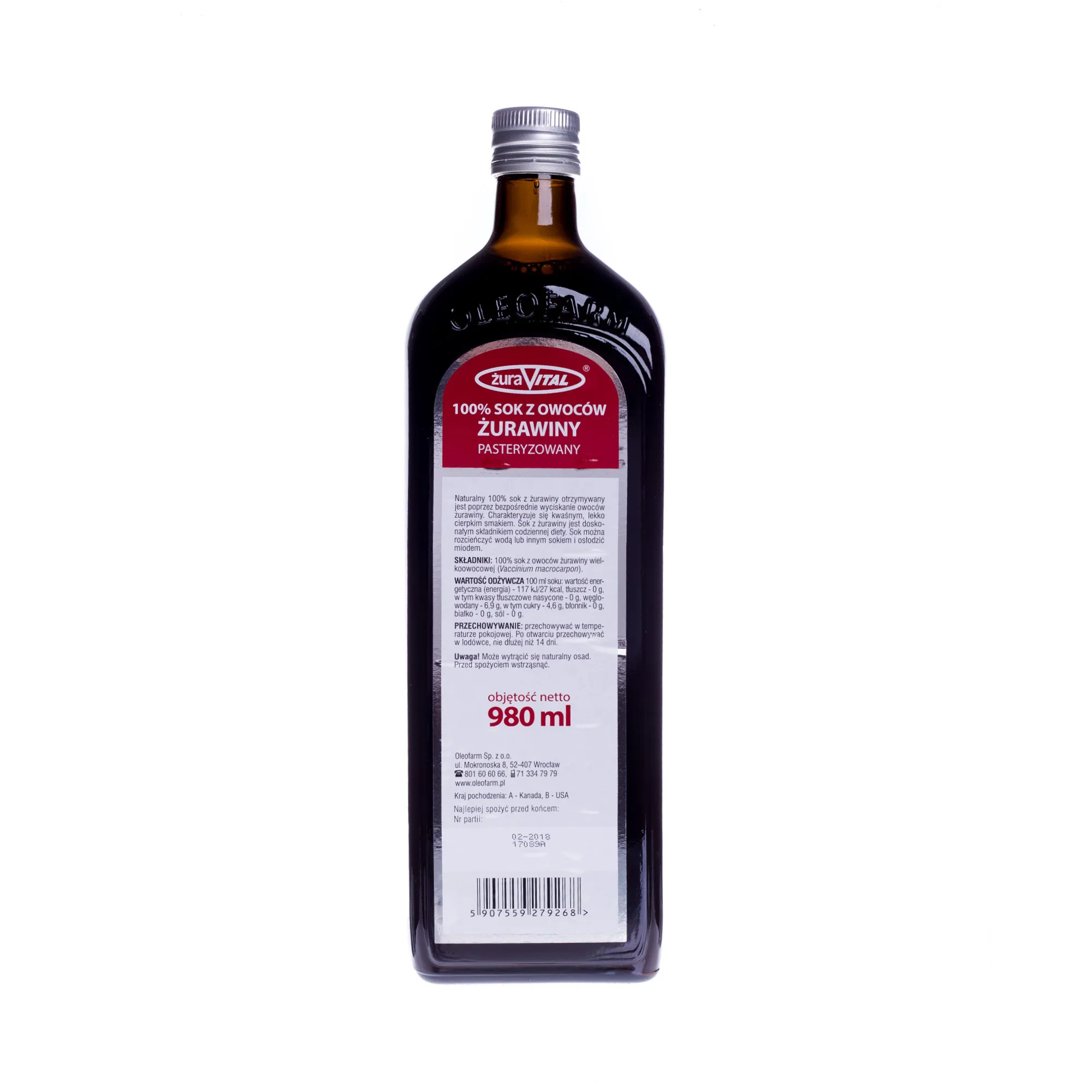 ŻuraVital, sok z owoców żurawiny, 980 ml 