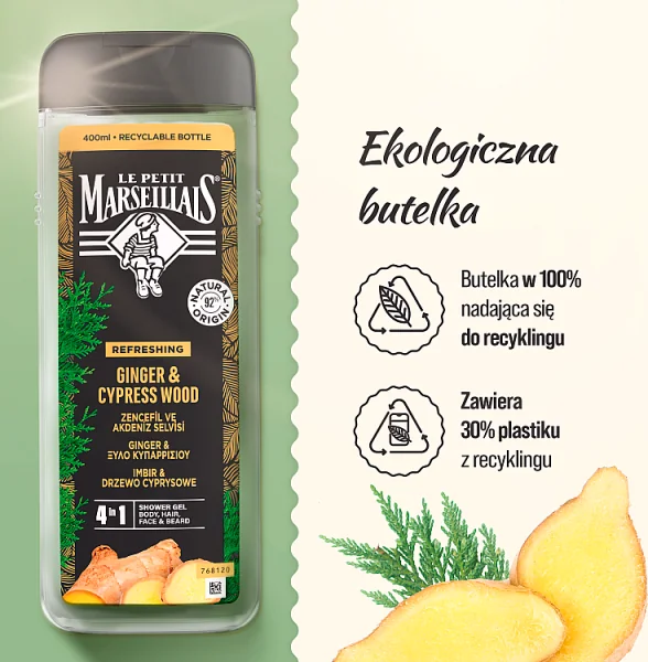 Le Petit Marseillais Żel pod prysznic dla mężczyzn imbir & drzewo cyprysowe, 400 ml