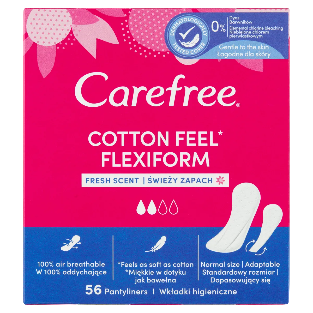 Carefree Cotton Feel Flexiform miękkie wkładki higieniczne, 56 szt.