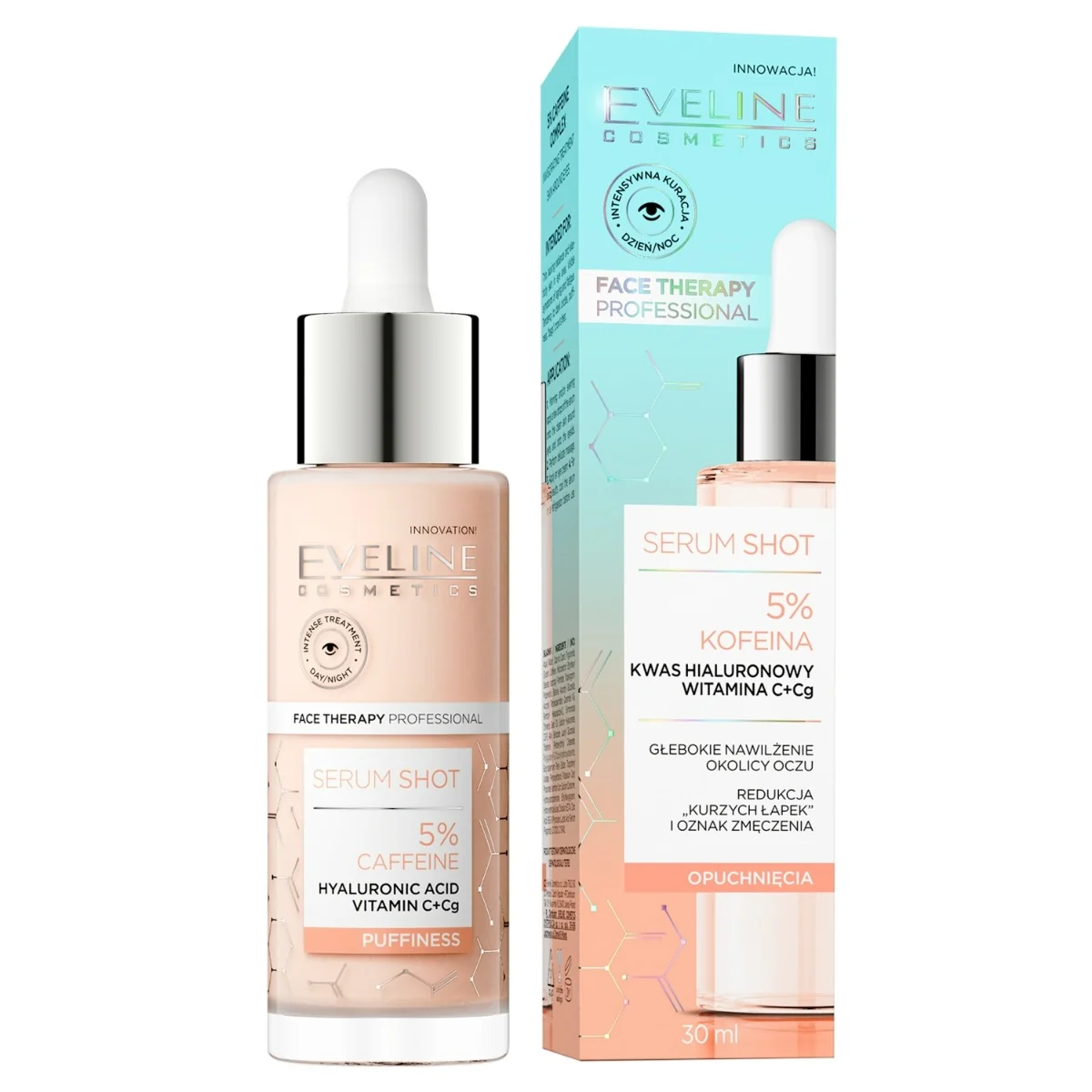 Eveline Cosmetics Serum Shot Opuchnięcia, kuracja 5% kofeina do skóry wokół oczu, 30 ml