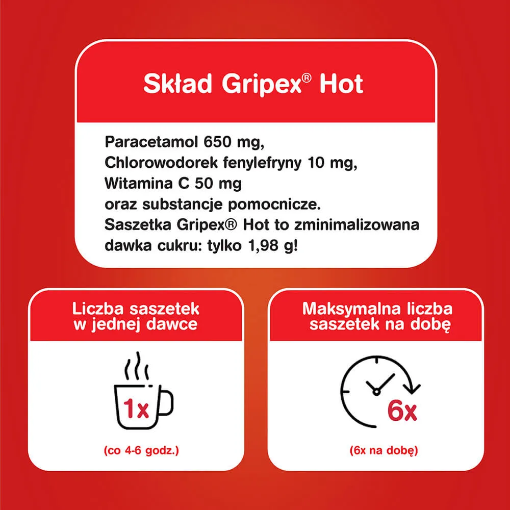 Gripex Hot - lek przeciw objawom przeziębienia i grypy, 12 saszetek 
