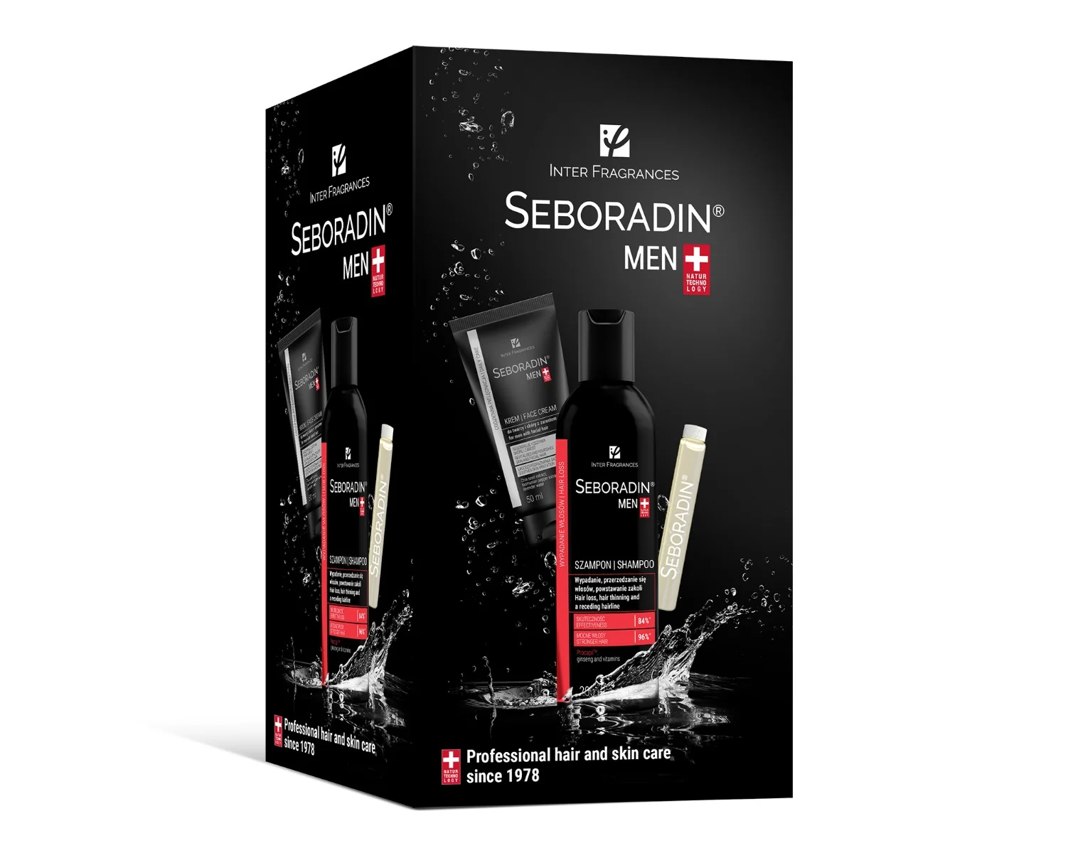 Seboradin Men, zestaw przeciw wypadaniu włosów 2+1: szampon + ampułki + krem do twarzy, 200 ml + 14 x 5,5 ml + 50 ml