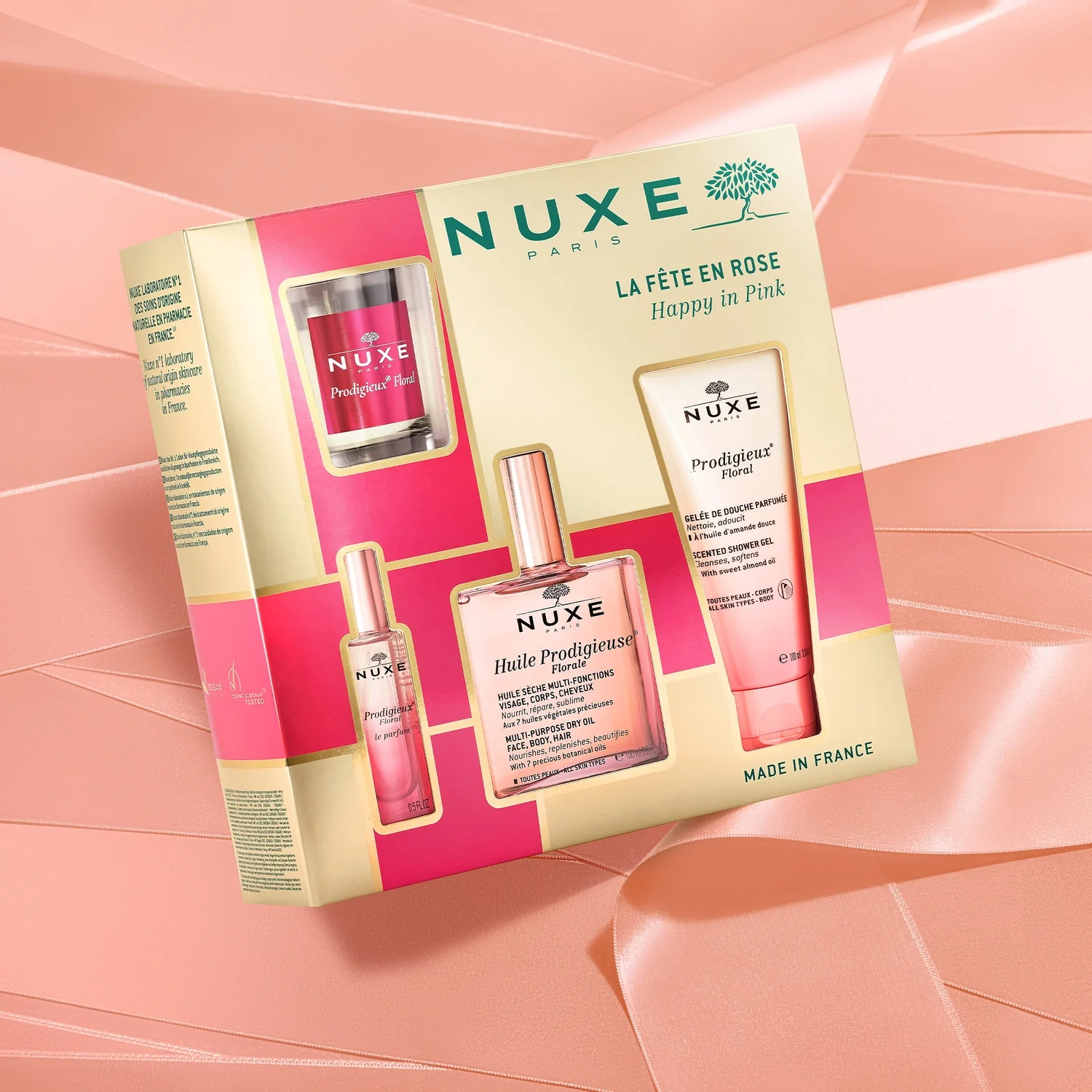 Nuxe Happy in Pink suchy olejek pielęgnacyjny Huile Prodigieuse Florale, 100 ml + żel pod prysznic Prodigieux Floral, 100 ml + perfumy Prodigieux Floral, 15 ml + świeca zapachowa, 70 g