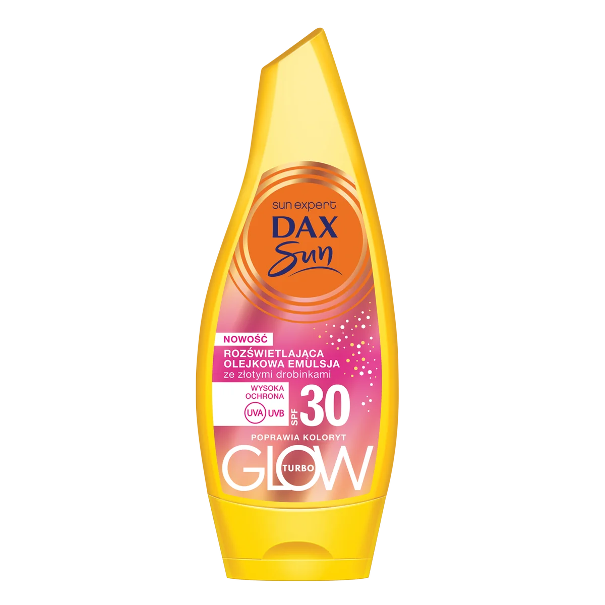 Dax Sun Turbo Glow, rozświetlająca olejkowa emulsja ze złotymi drobinkami SPF30, 175 ml