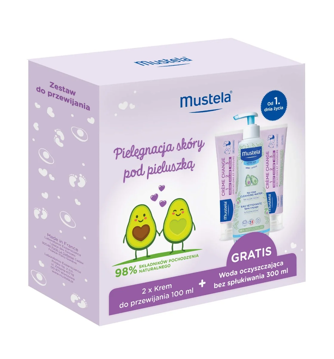 Mustela Zestaw Pielegnacja Skóry Pod Pieluszką, krem do przewijania, 2 x 100 ml + woda oczyszczająca bez spłukiwania, 300 ml